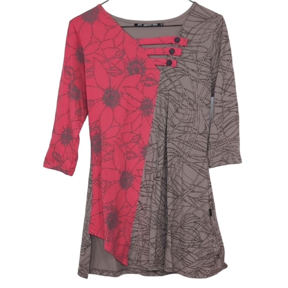 Leopard‎ & Roses Taupe Pink 3/4 Length Sleeve Long Dress Top Cotton